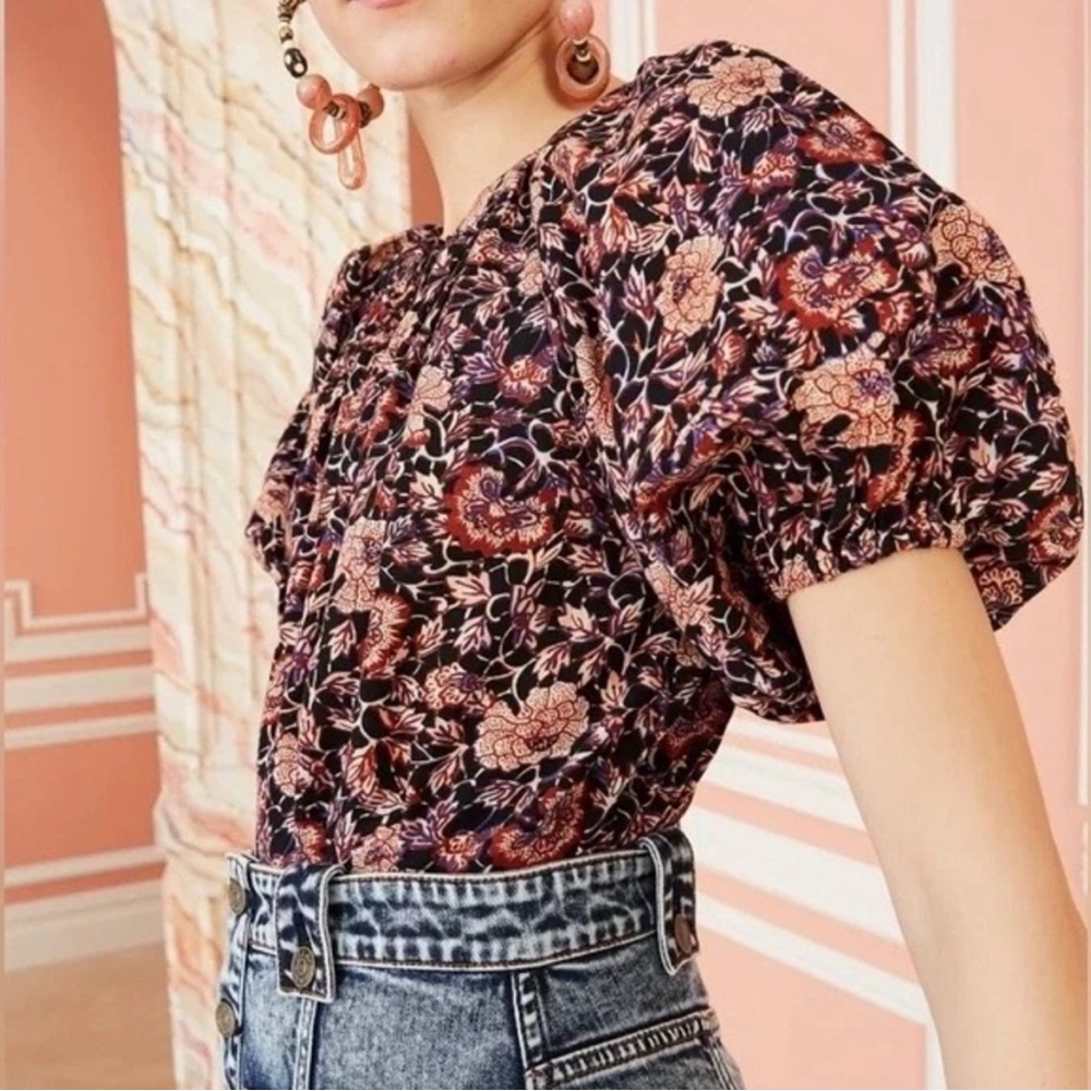 Ulla Johnson Evie Puff Sleeve Popover Blouse Midnight Floral Size 6